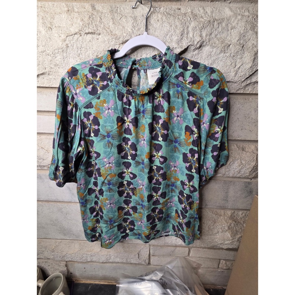 Knox Rose Teal Floral‎ Smocked Mock Neck Puff Sleeve Blouse Womens Size Medium